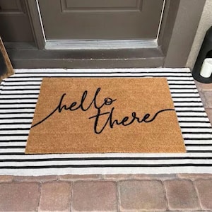 Hello There Script Doormat  Flocked Coir Outdoor Welcome Mat  Unique Housewarming Gift