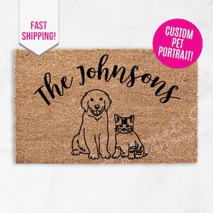 CUSTOM PET PORTRAIT Personalized Dog Sketch Doormat, Flocked Coir Door Mat Gift, Outdoor Dog Cat Rug, Dog Cat Love, Custom Doormat image 1