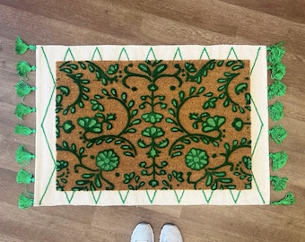 Chinoiserie Floral Doormat  Personalized Vintage Coir Rug for Entryway Decor