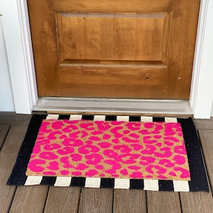 Leopard Print Welcome Mat Custom Flocked Coir Doormat Neon Pink Entryway Decor Gift