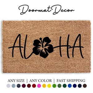 Aloha Hawaiian Flower Doormat  Personalized Outdoor Welcome Mat  Beach Housewarming Gift
