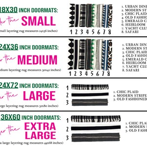 May include: A chart showing different sizes of doormats and the corresponding rug sizes. The doormat sizes are 18x30 inches, 24x36 inches, 24x72 inches, and 36x60 inches. The rug sizes are small, medium, large, and extra large. The chart also shows the different styles of doormats available, including urban diner, modern stripes, chic plaid, old fashioned, emerald city, heirloom, yacht club, and safari.