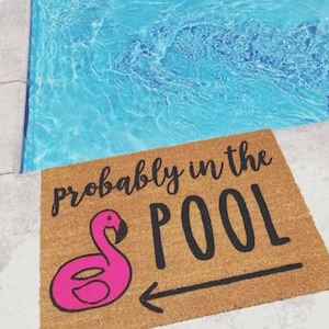 Pink Flamingo Pool Doormat  Summertime Flocked Coir Welcome Mat  Cute Front Door Decor