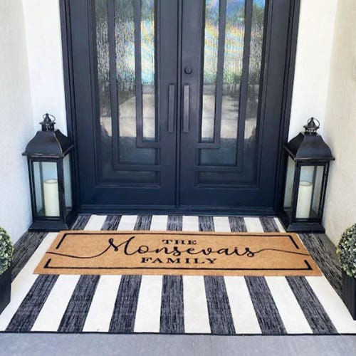Felpudo de bienvenida de fibra de coco, felpudo con nombre aterciopelado, regalo único de compromiso, decoración para puerta doble.