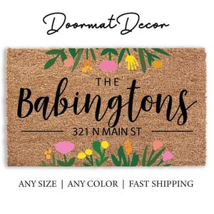 Floral Doormat Colorful Custom Name Welcome Mat Spring Flower Coir Rug
