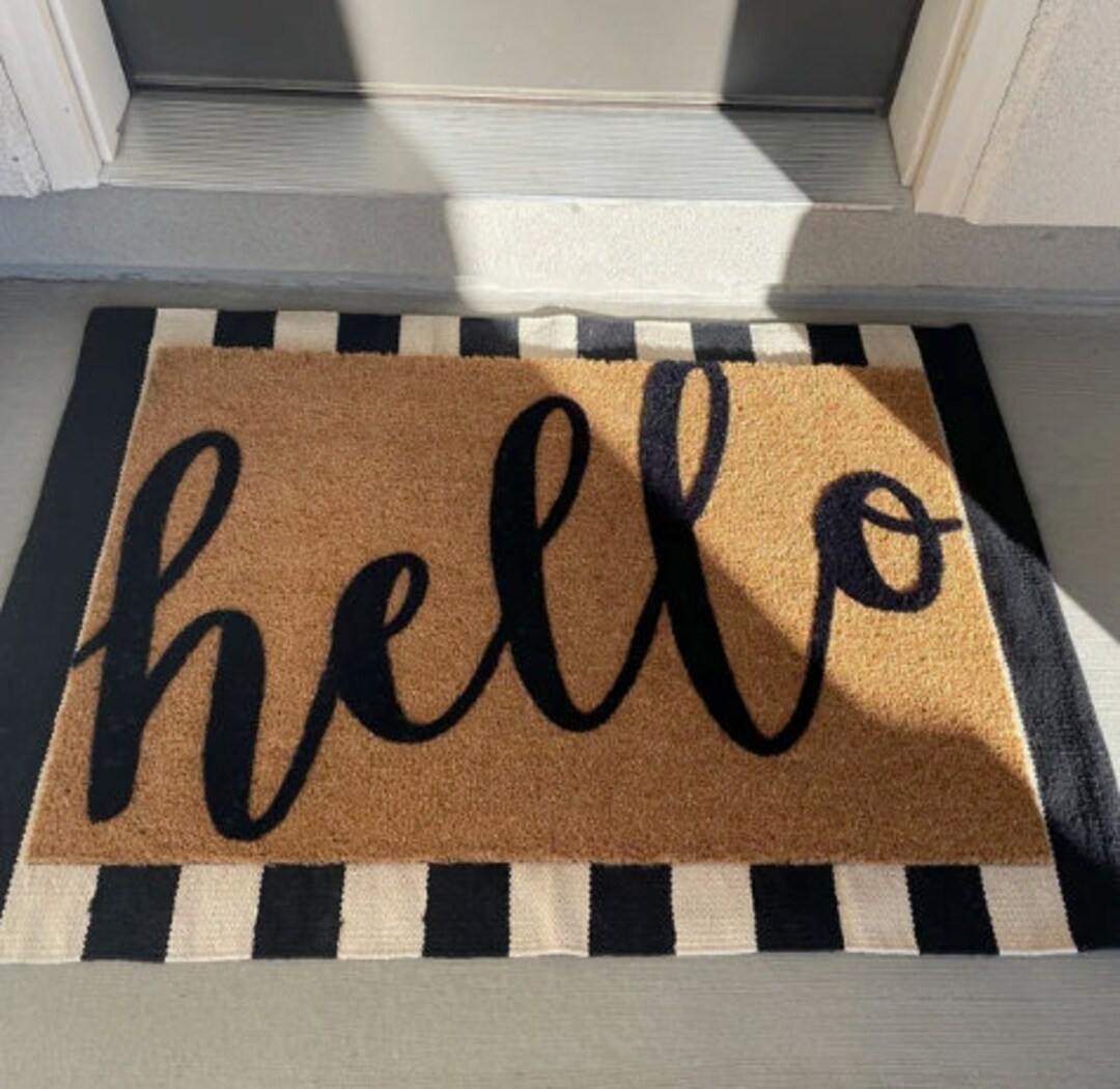 Hello Cursive Script Flocked Coir Doormat, Hi Rug, Outdoor Mat