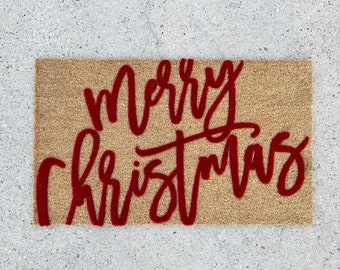 Merry Christmas Script Font Doormat, Holiday Decor Door Mat, Flocked Coir Welcome Mat, Outdoor Entryway Front Door Rug, Christmas Gift Decor