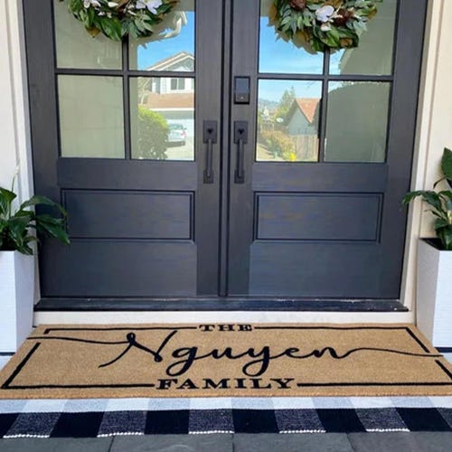 Felpudo de fibra de coco personalizado con apellido familiar, felpudo de bienvenida para bodas, regalos inmobiliarios, alfombra para puerta doble exterior