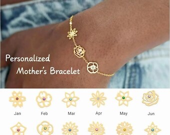 Pulsera de flores de nacimiento personalizada, pulsera de piedra de nacimiento personalizada, pulsera de madre, joyería de piedra de nacimiento, regalo de cumpleaños para mamá, regalo de Navidad