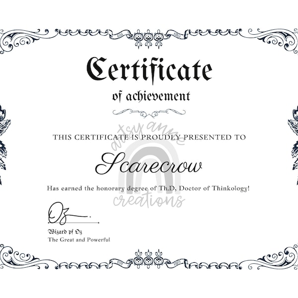 Printable Wizard of Oz Scarecrow Diploma