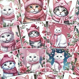 Pack d'autocollants roses chats d'hiver, journal indésirable, autocollants de Noël, autocollants de chat, amoureux des chats, autocollants de journal, albums de coupures, fabrication de cartes, collage