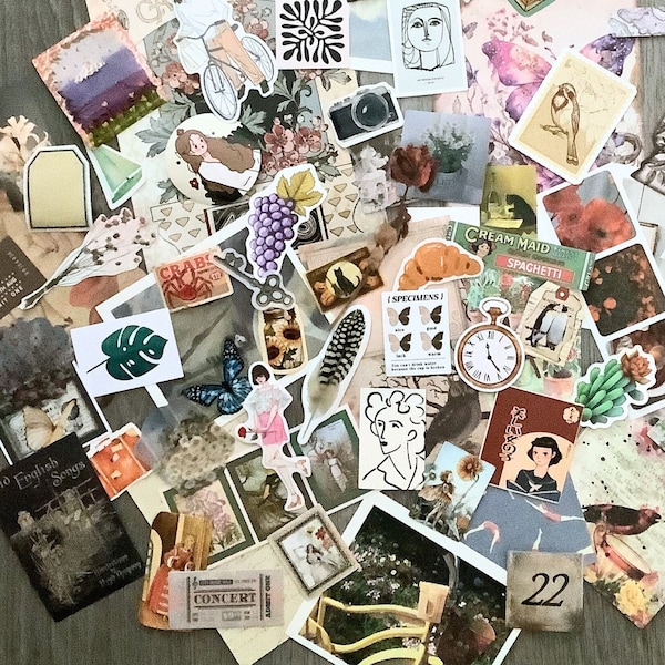 80 piece junk journal grab bag - junk journal kit - scrapbook kit - mystery bag -  stickers - ephemera - cardmaking - collage - craft kit.