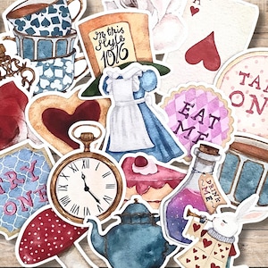 Alice In Wonderland Stickers, Junk Journal Ephemera, Scrapbook kit, Cardmaking, Collage