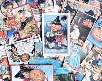 May include: A collection of vintage-style Halloween postcards featuring illustrations of children in costumes, jack-o'-lanterns, black cats, and witches. The cards display various festive scenes with text such as Halloween Greetings and A Jolly Halloween.
