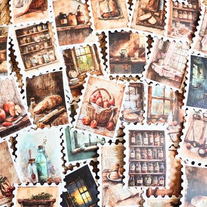 Cozy Kitchen Stamp Stickers, Junk Journal Ephemera, Scrapbook Supplies (36 Pieces)