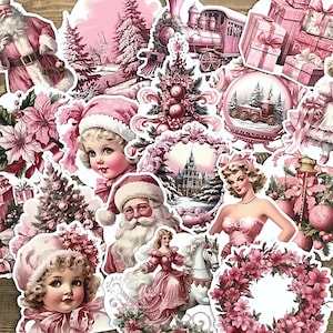 Pack d'autocollants roses de Noël, journal de bordel de Noël, autocollants de Noël, autocollants vintage, autocollants de journal, albums de coupures, fabrication de cartes, collage