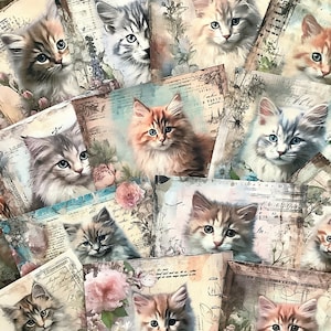 Vintage Cats Junk Journal Ephemera, cartes de visite, journal de chat, kit de scrapbooking, kit de journal indésirable, papier vintage, fabrication de cartes, collage