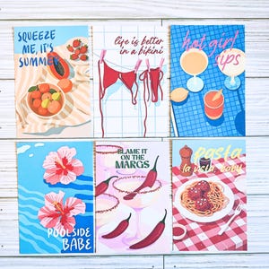 May include: A set of six rectangular postcards featuring colorful illustrations. Designs include fruit, a red bikini on a clothesline, cocktails, pink hibiscus flowers, margaritas with chili peppers, and a plate of spaghetti with meatballs.