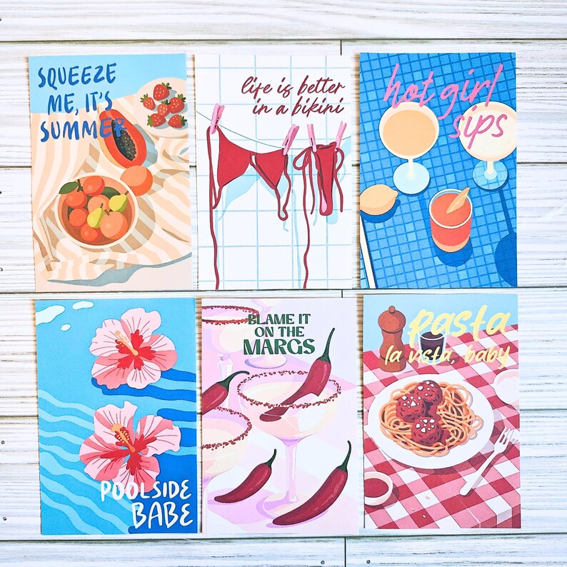 May include: A set of six rectangular postcards featuring colorful illustrations. Designs include fruit, a red bikini on a clothesline, cocktails, pink hibiscus flowers, margaritas with chili peppers, and a plate of spaghetti with meatballs.