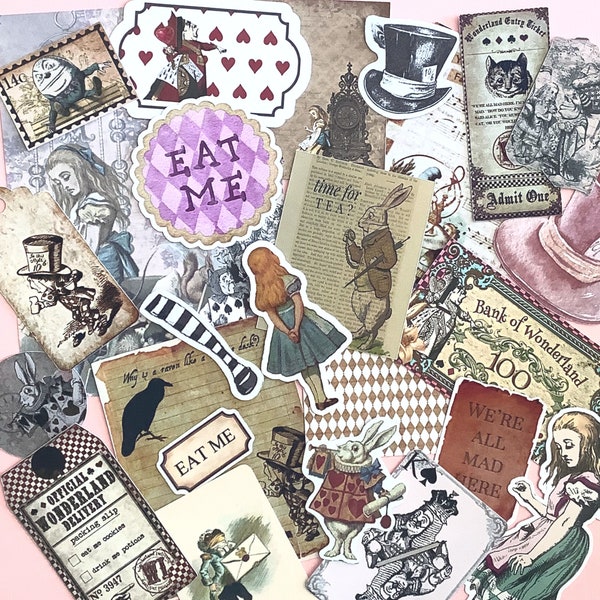 Kit de carnet de 40 pièces Alice au pays des merveilles, kit de scrapbooking, journal indésirable, autocollants Alice, Alice vintage, éphémères, fabrication de cartes, collage