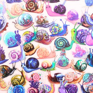 May include: A collection of colourful snail stickers featuring various shells including disco balls, crystal clusters, terrariums, planets, and floral patterns. The snails are depicted in diverse shades of pink, blue, green, and gold on a white background.