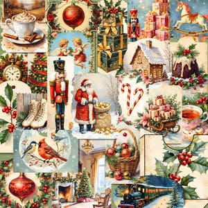 Peut inclure: Un collage d'images de Noël vintage comprenant un casse-noisette, le Père Noël, une maison en pain d'épices, un train à vapeur, des cadeaux, des boules, du houx, un cheval à bascule, une horloge, un cardinal et un café à la cannelle.