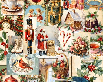 May include: A collage of vintage Christmas imagery featuring a nutcracker, Santa Claus, a gingerbread house, a steam train, wrapped gifts, ornaments, holly, a rocking horse, a clock, a cardinal, and a cup of coffee with cinnamon sticks.