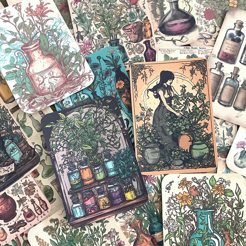 May include: A collection of vintage botanical illustrations featuring various plants, flowers, and glass bottles. The illustrations are printed on paper and have a distressed, antique look. The images include a variety of colors, including green, brown, red, and blue.