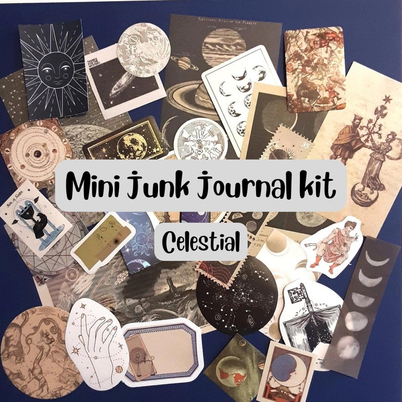 Celestial themed journal kit, astrology, zodiac, mystery bag, scrapbook kit, cardmaking, collage, embellishments, craft kit. 