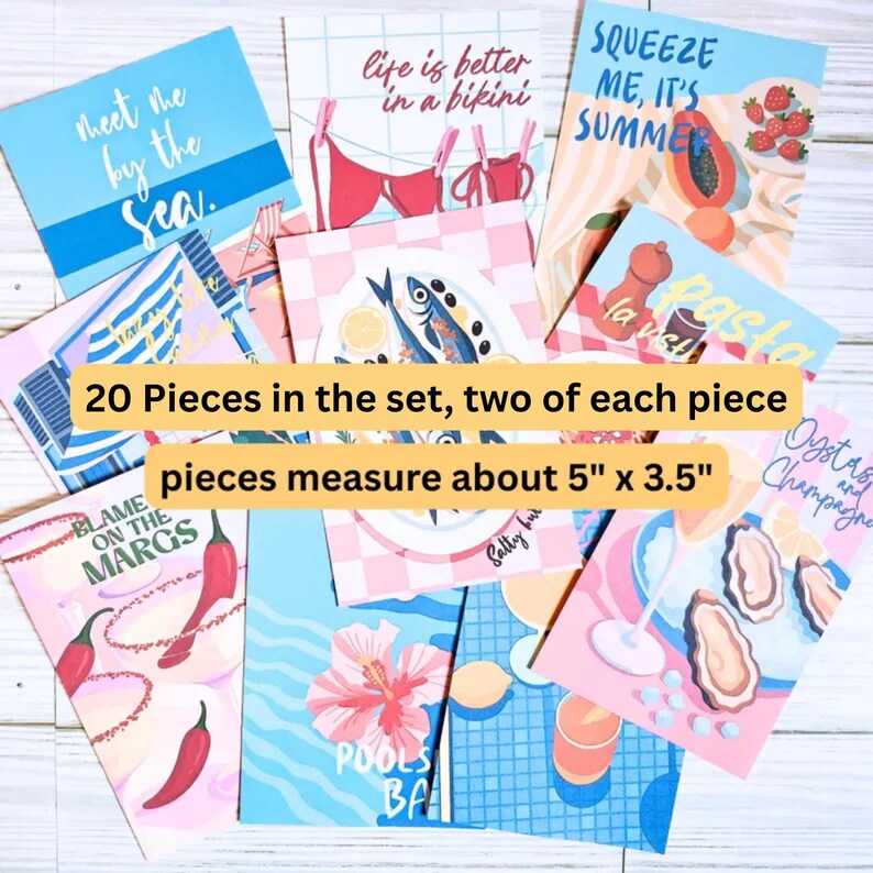 May include: A set of 20 illustrated postcards, with two of each design, measuring 5 inches by 3.5 inches. The cards feature colorful summer-themed graphics including text like 'meet me by the sea', 'life is better in a bikini', and 'SQUEEZE ME, IT'S SUMMER'.