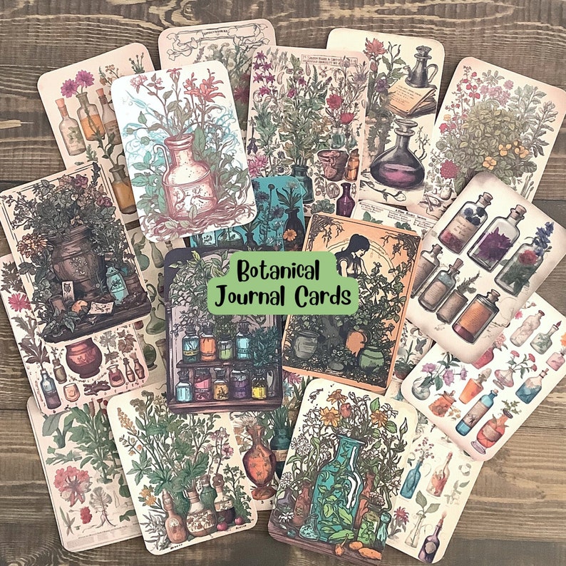 May include: A set of 12 botanical journal cards featuring vintage illustrations of plants, flowers, and herbs. The cards are printed on high-quality cardstock and are perfect for adding a touch of nature to your journals, planners, or scrapbooks.
