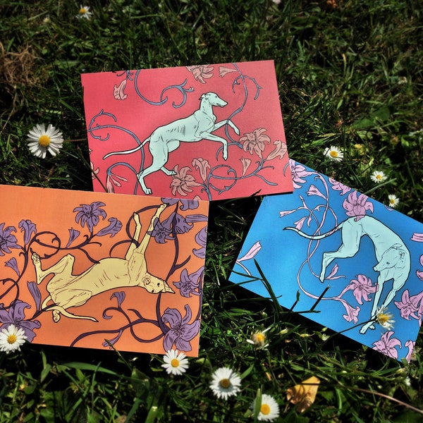 Postkarte Windhund DINA6 Kunst Zeichnung Pflanzen Greyhound Galgo Windhund Geschenk