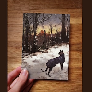 Cartolina Levriero Inverno DINA6 Arte Disegno Paesaggio Innevato Regalo di Natale