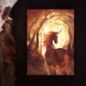 Postkarte Einhorn DINA6 Kunst Zeichnung Wald Herbst Fabelwesen Fantasy Geschenk