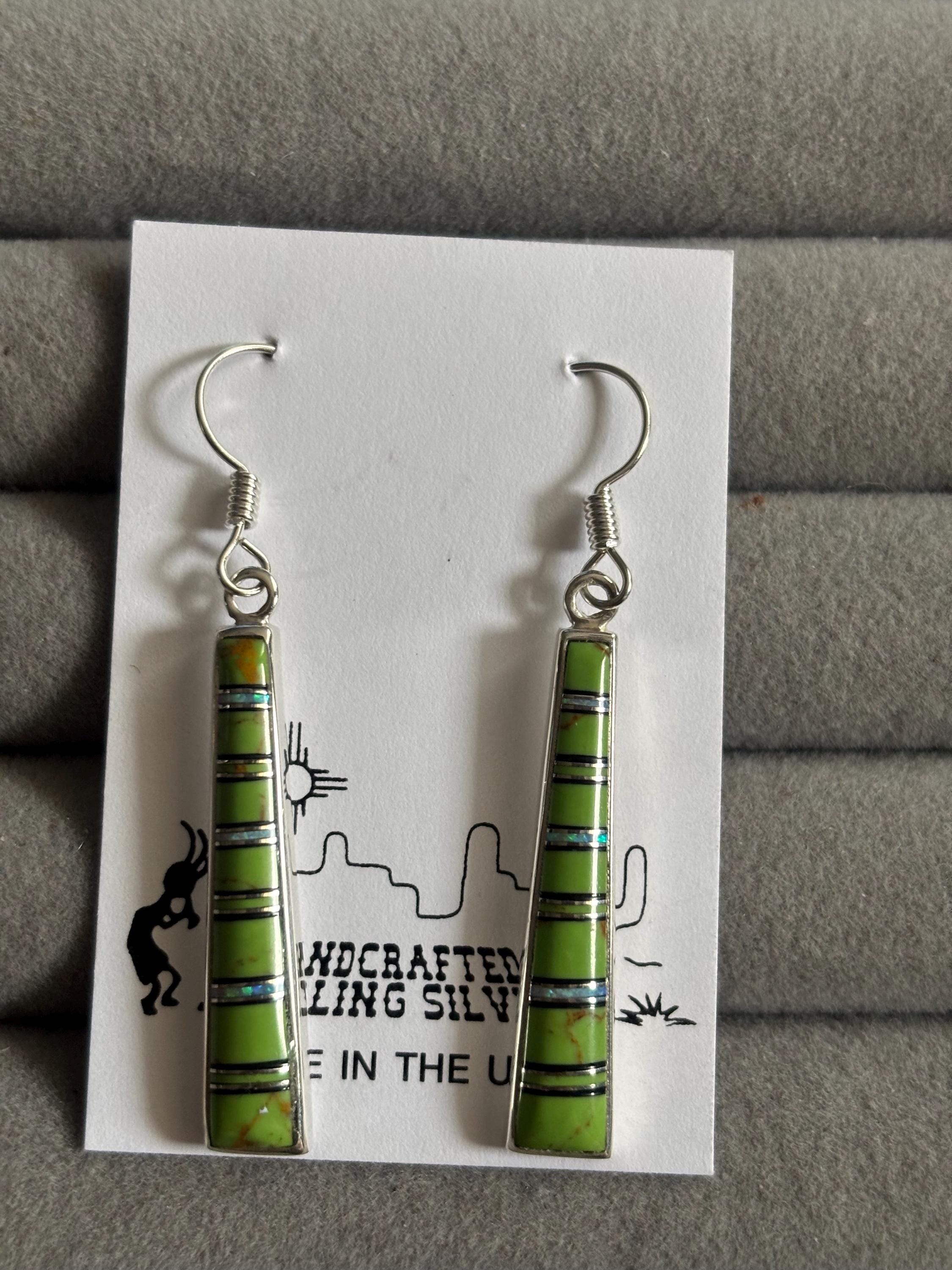 Native signed Offina Pino Green Mojave   Turquoise Inlay Earrings