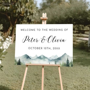 Signo de bienvenida de la boda de las montañas - signo de la boda del bosque - bienvenido a nuestro signo de la boda - bosque al aire libre personalizado y signo de la boda de la montaña