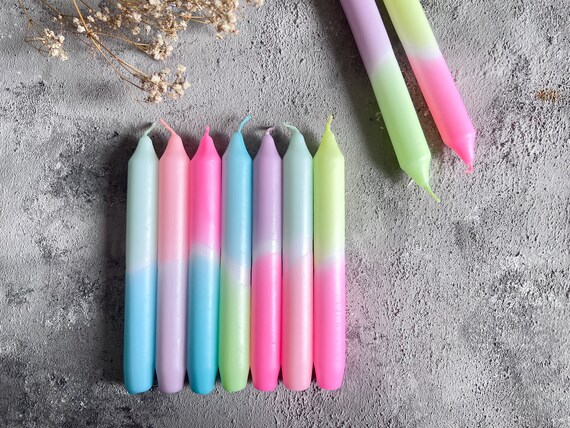 Set Dip Dye Kerzen Pastell + Neon, gefärbte Kerzen bunt, Stabkerzen, Deko