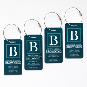 LUGGAGE TAGS PERSONALIZED Set of 4 (Browning Design)  - Custom Suitcase Tags - Initial & Name Airport Tags - Travel Gifts - Anniversary Gift