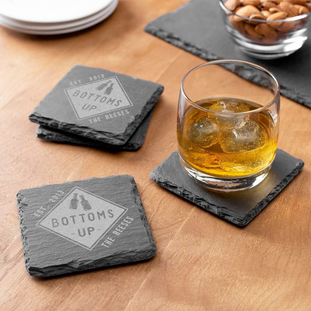 Set of 4 Personalized Engraved Slate Coasters for Men Mancave Bar Decor