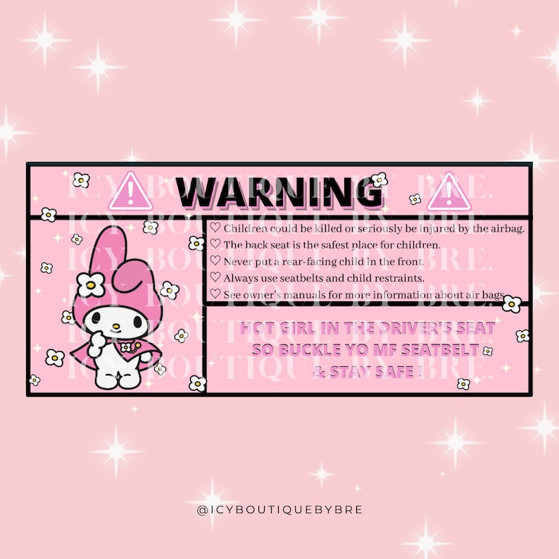 May include: A pink and white cartoon character with a pink bow and a pink cape. The character is holding a sign that says "HOT GIRL IN THE DRIVER'S SEAT SO BUCKLE YO MF SEATBELT & STAY SAFE!" The background is pink with white stars.