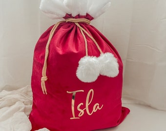 Santa Sack, Christmas Present Bag, Personalised Luxe Velvet Santa Sack With Pom Pom