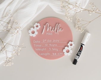 Floral Birth Announcement & Information, Baby Plaque Disc, Personalised Acrylic Sign, Baby gift, Information Sign