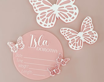 Butterfly Birth Announcement Sign, Baby Plaque Disc, Personalised Acrylic Sign, Baby gift, Information Sign