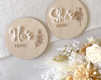 He's Here She's Here Gender Announcement Plaque, Personalised Birth Ply Round