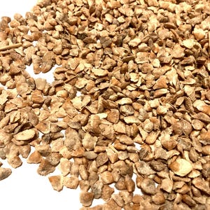 May include: A close-up of a pile of light brown buckwheat groats. The groats are small, irregular pieces of grain.