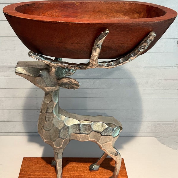 Hammered Metal Reindeer Wood Bowl Centerpiece