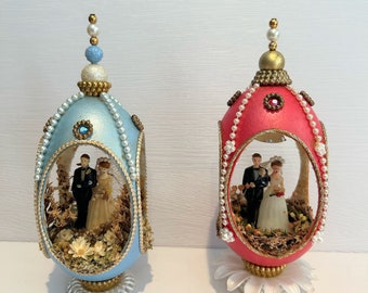 Vintage 1950’s Handmade Bride & Groom Wedding Diorama Eggs