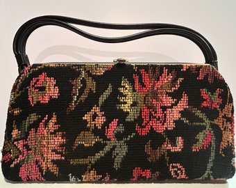 Vintage Dova Floral Tapestry Black Handbag