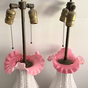 Rare!  Fenton for LG Wright Beaded Ruffle White/Pink Glass Lamps