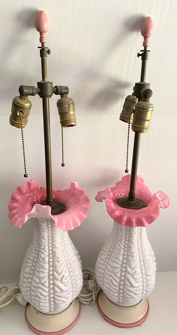 Rare Fenton for LG Wright Beaded Ruffle White pink Glass Lamps